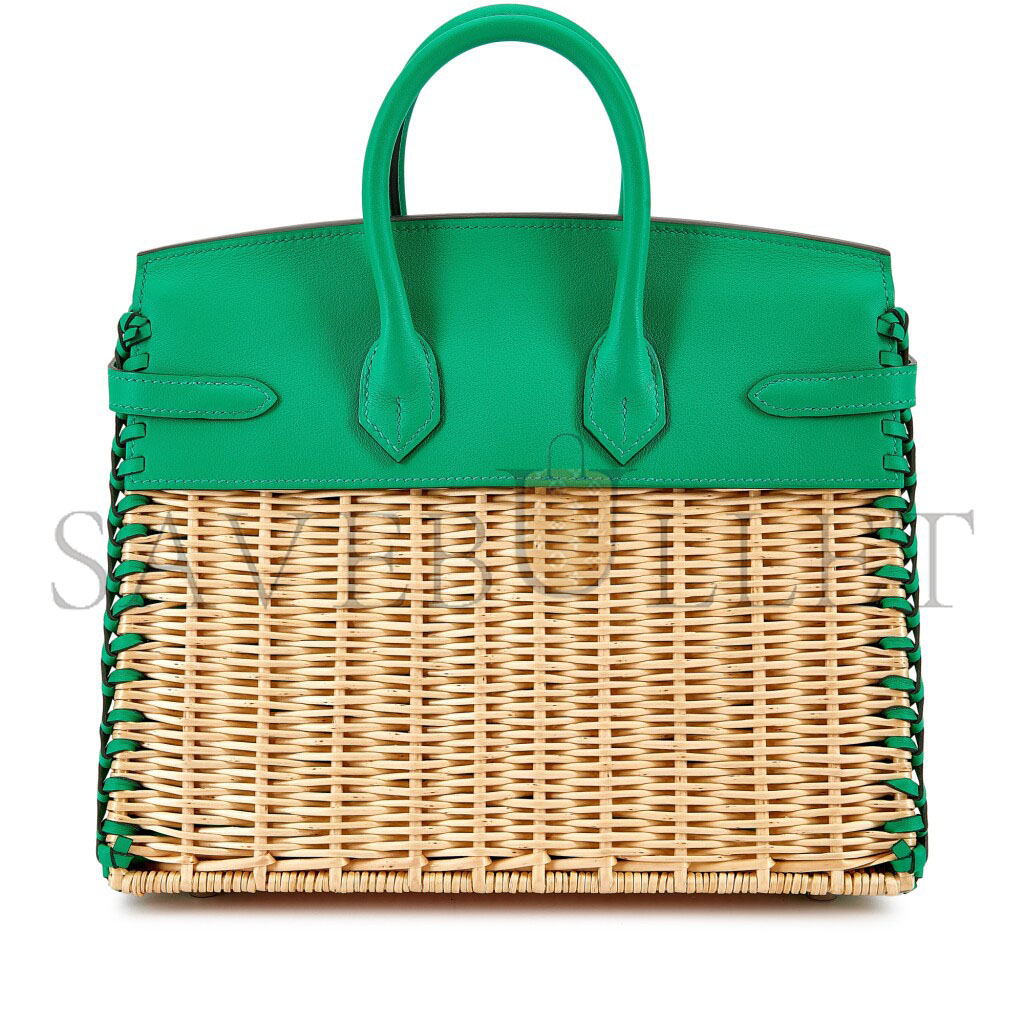 HERMÈS MASTER BIRKIN 25 PICNIC BAG IN MINT GREEN BARENIA LEATHER AND WOVEN WICKER H082668CK23 (25*20*13cm)